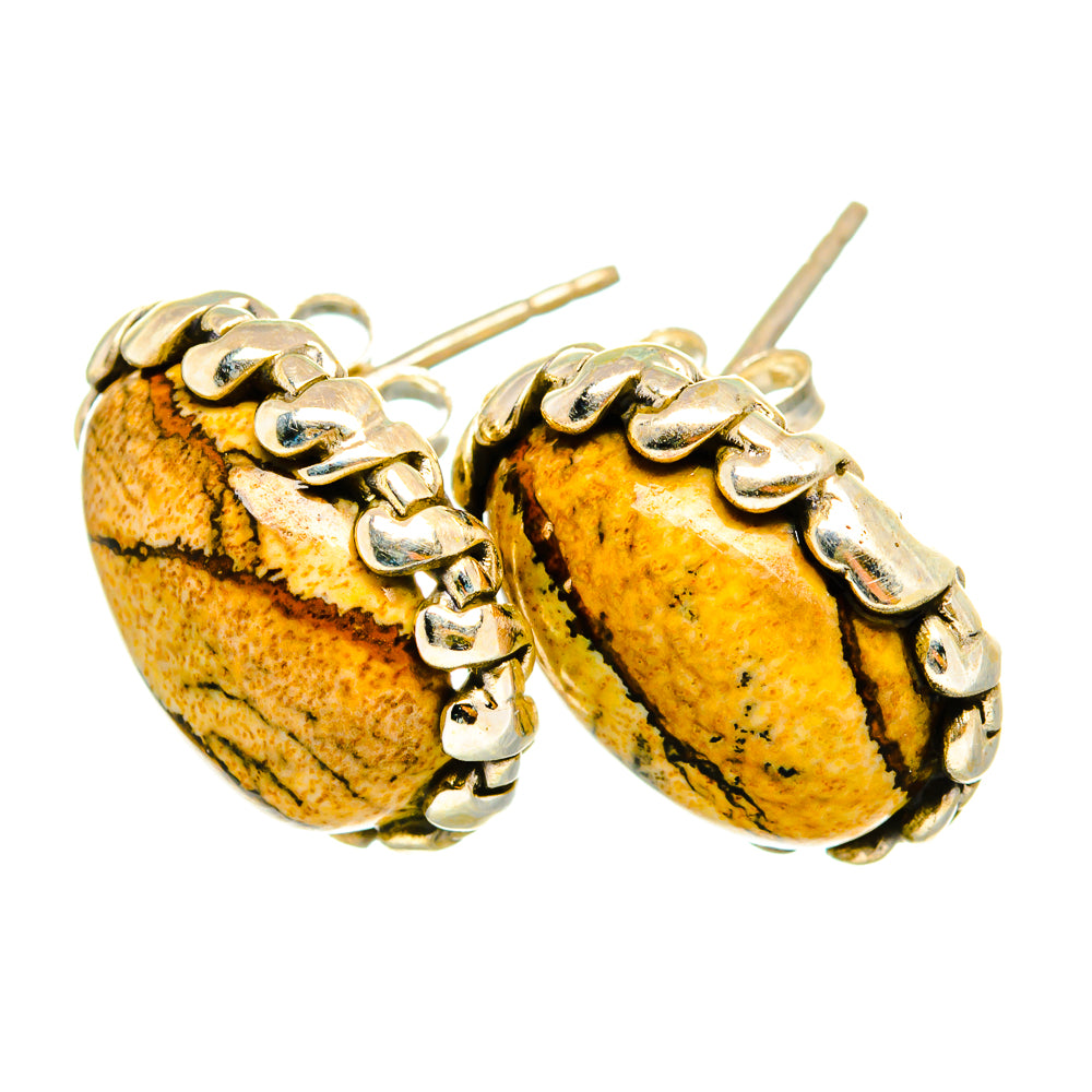 Oval picture jasper earrings with warm yellow-brown stone and sterling silver scalloped trim