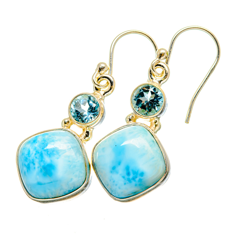 Blue gemstone drop earrings: oval larimar cabochons with round topaz accents, gold-tone