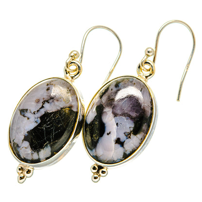Oval gabbro stone drop earrings with gold-tone hooks and 925 sterling silver frames