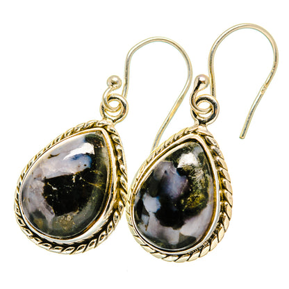 925 sterling silver gabbro teardrop drop earrings, dark stone with blue white specks