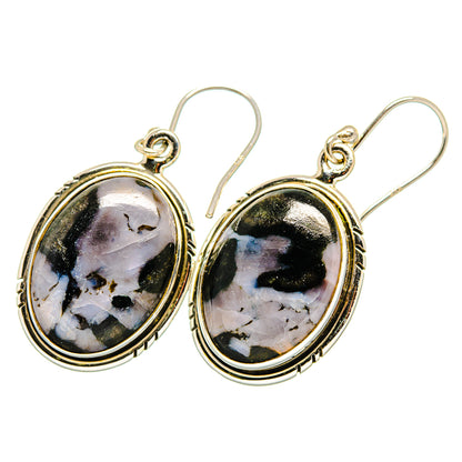 Oval gabbro stone drop earrings with sterling silver ear wires, dark with white veining