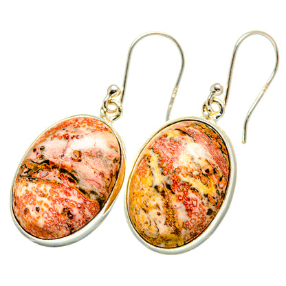 Oval poppy jasper drop earrings in 925 sterling silver, mottled orange-red and gold