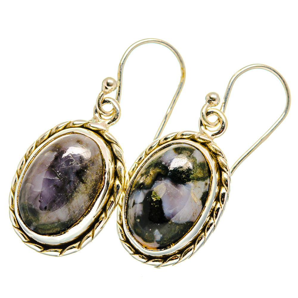Gabbro stone fishhook earrings, 925 sterling silver, oval dark stone in gold frame