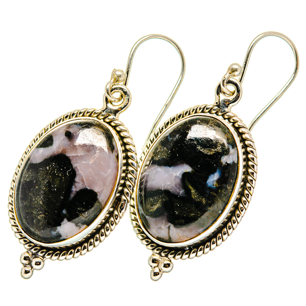 Oval gabbro stone drop earrings in 925 sterling silver, dark round bezel setting