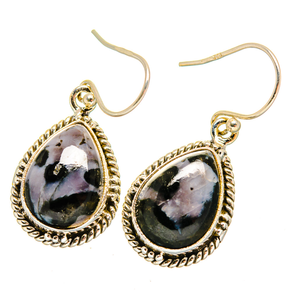 Teardrop gabbro stone earrings with ornate bezel and gold-tone shepherd hooks