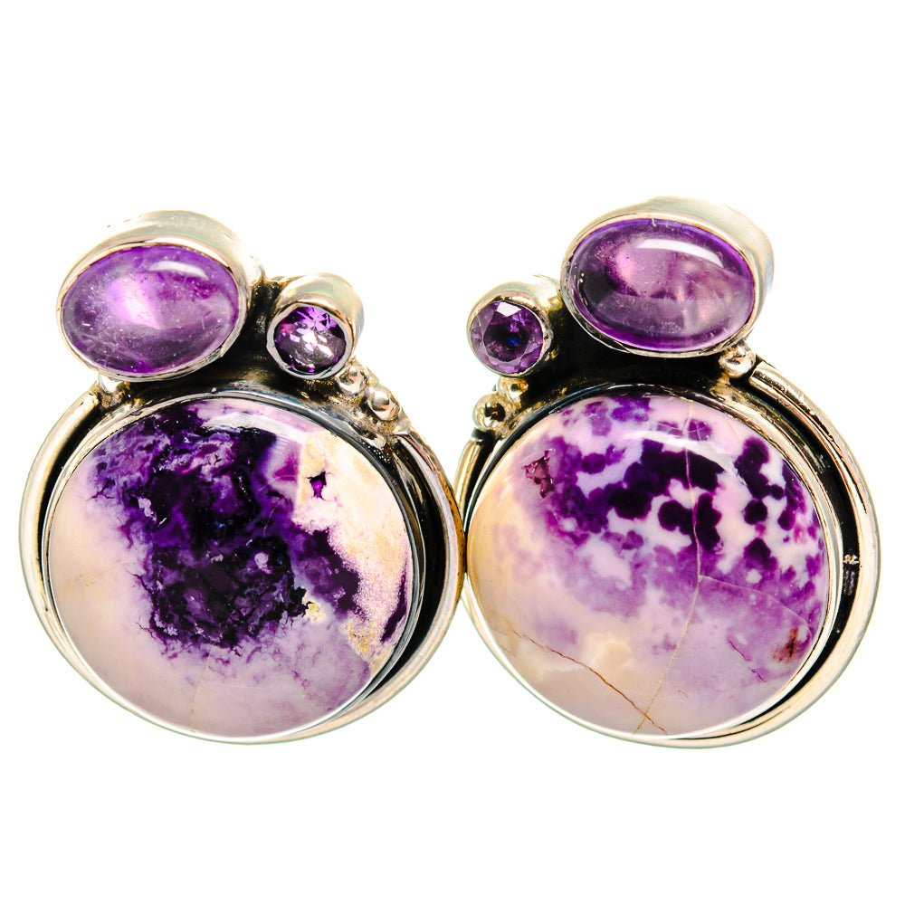 Round amethyst drop earrings, 925 sterling silver with purple cabochons and bezels