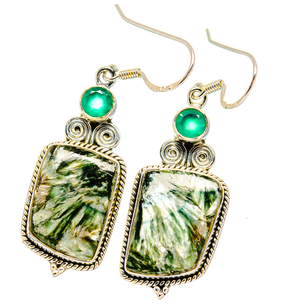 Silver-tone hook earrings with green marbled stones, round teal cabochons, filigree