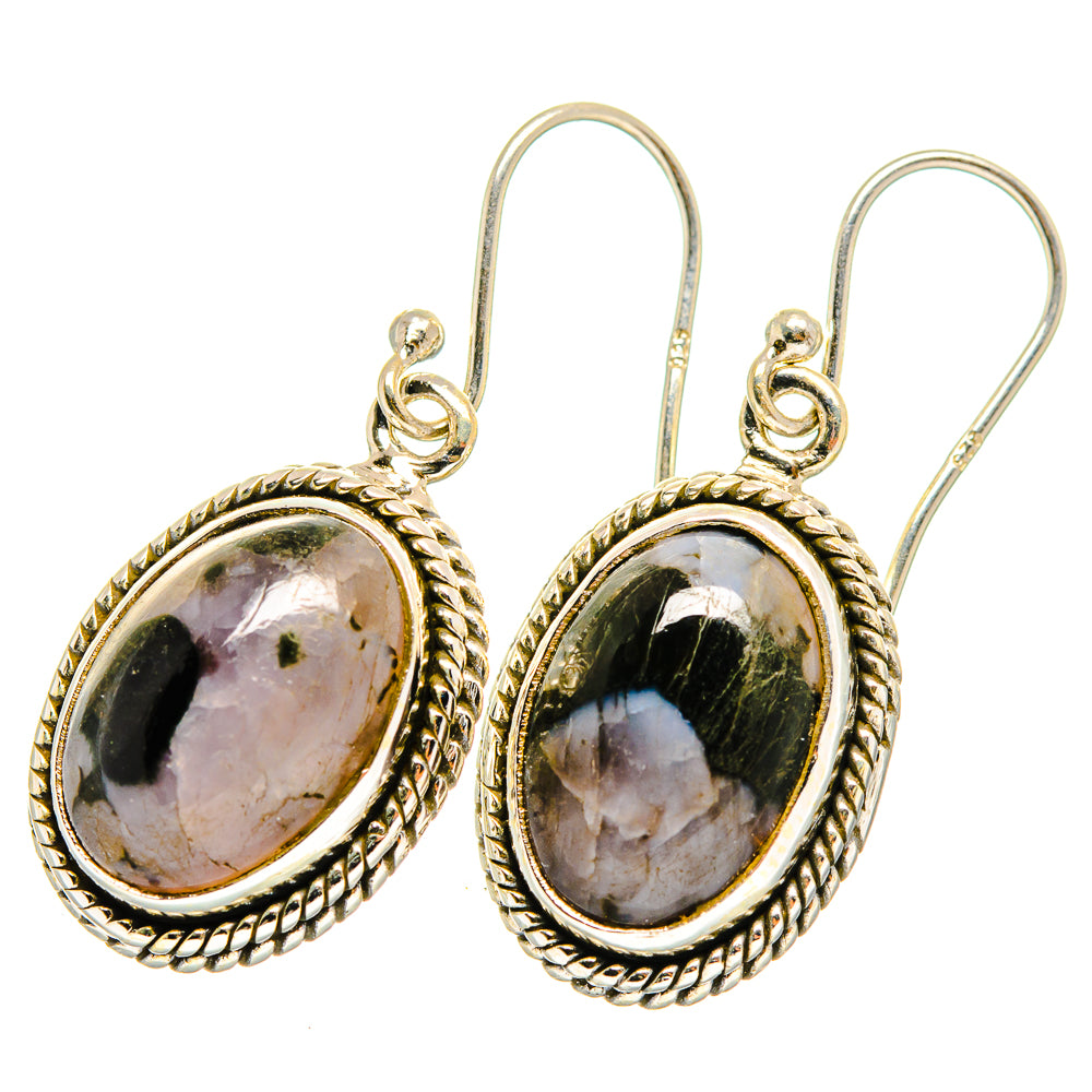 925 sterling silver oval gabbro stone earrings, rope-textured bezel, lever hooks