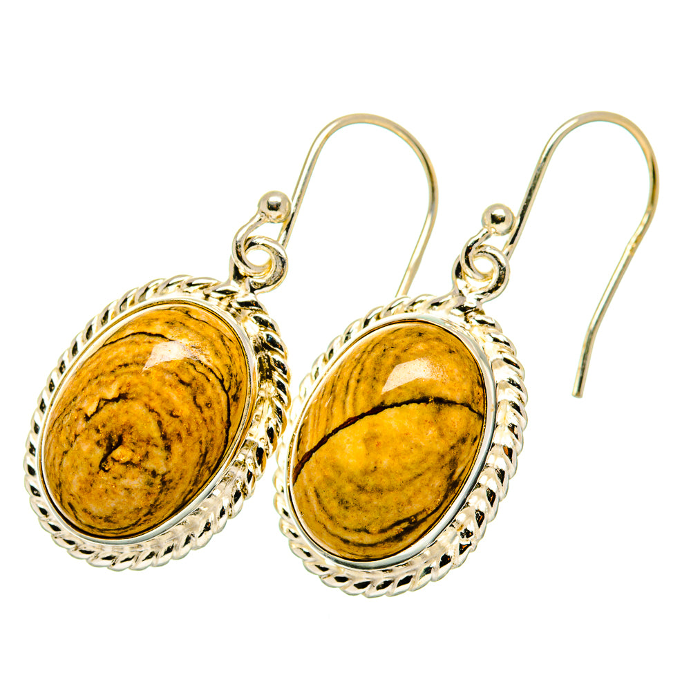 Oval picture jasper drop earrings, 925 sterling silver settings with textured edge