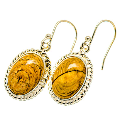 Oval picture jasper drop earrings, 925 sterling silver settings with textured edge