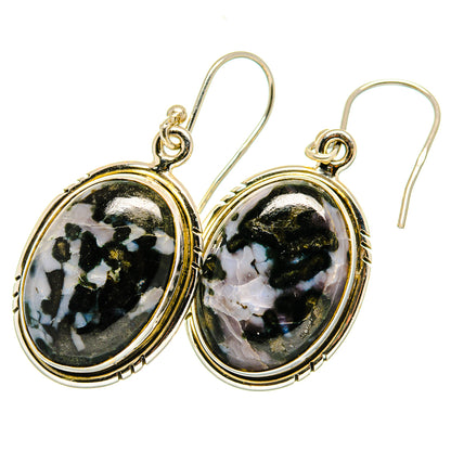 Oval gabbro stone drop earrings with gold-tone bezel and sterling silver fishhook