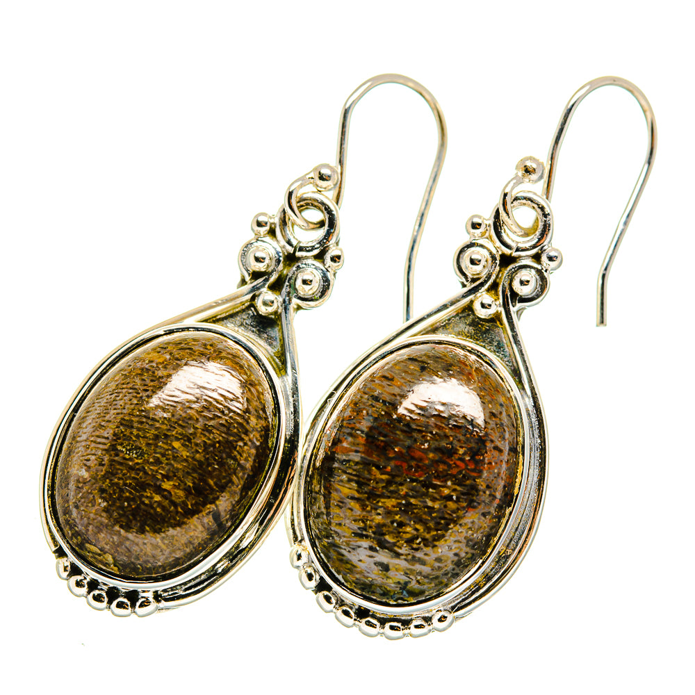 Sterling silver teardrop drop earrings with ornate top and mottled gold-green pattern