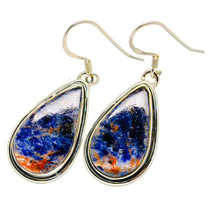 Teardrop sodalite drop earrings with sterling silver hooks, blue stone detail