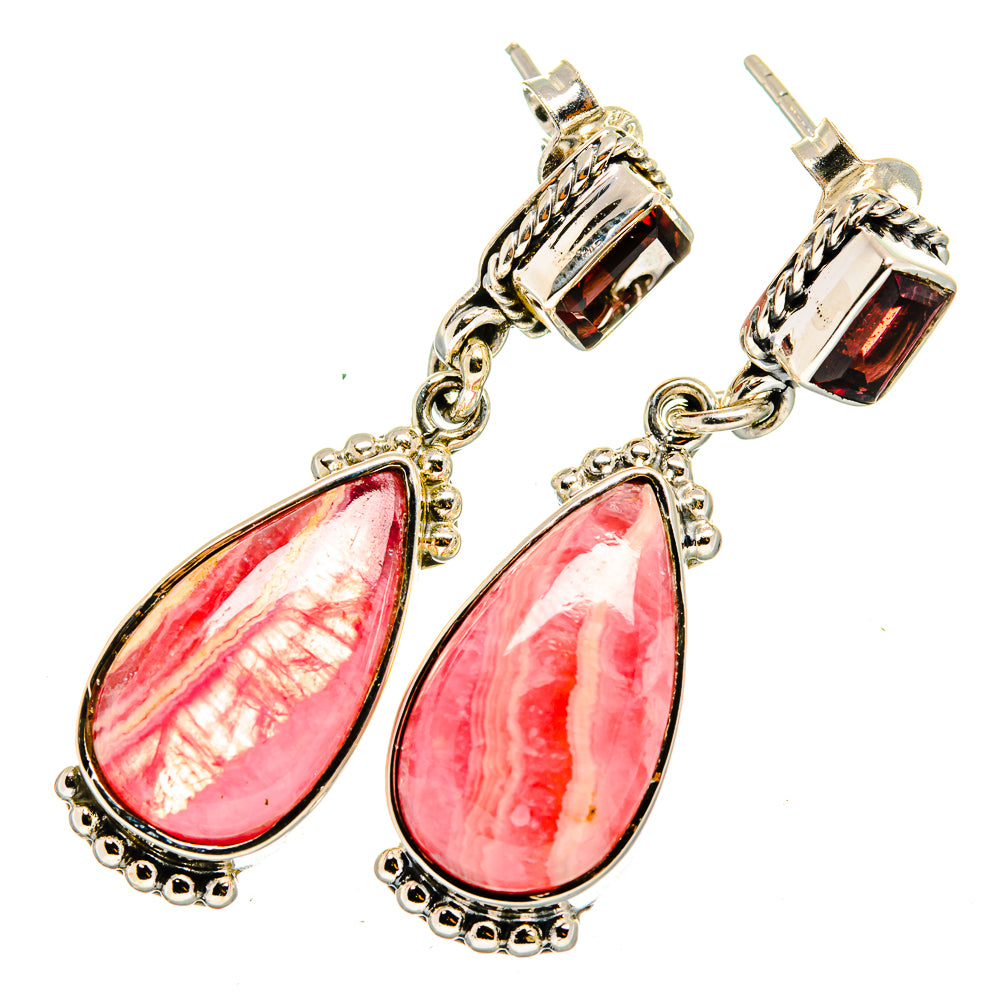 Sterling silver garnet and rhodochrosite teardrop earrings with red gemstones and drop dangles