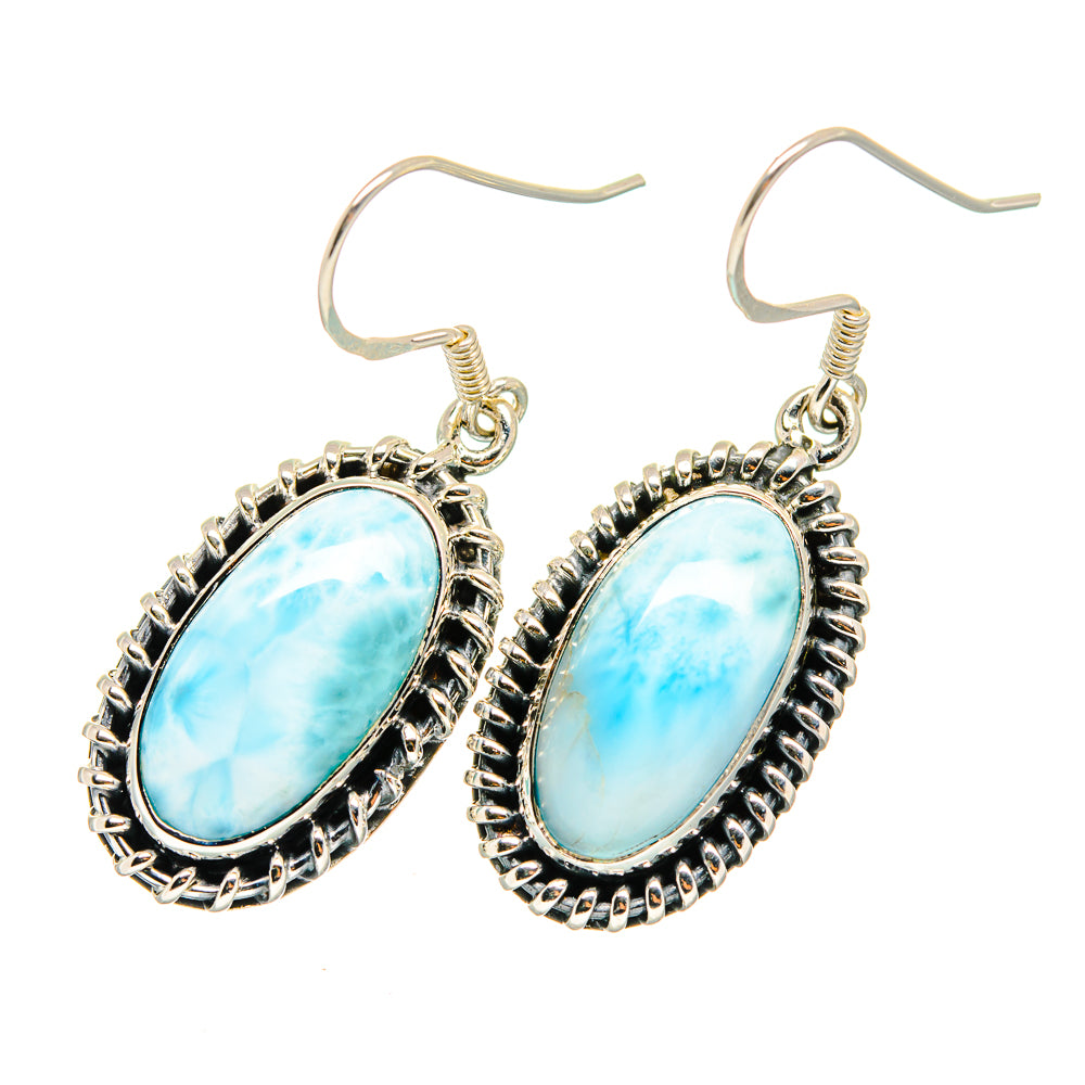 Oval Larimar earrings in sterling silver with textured scalloped rim and hook backs