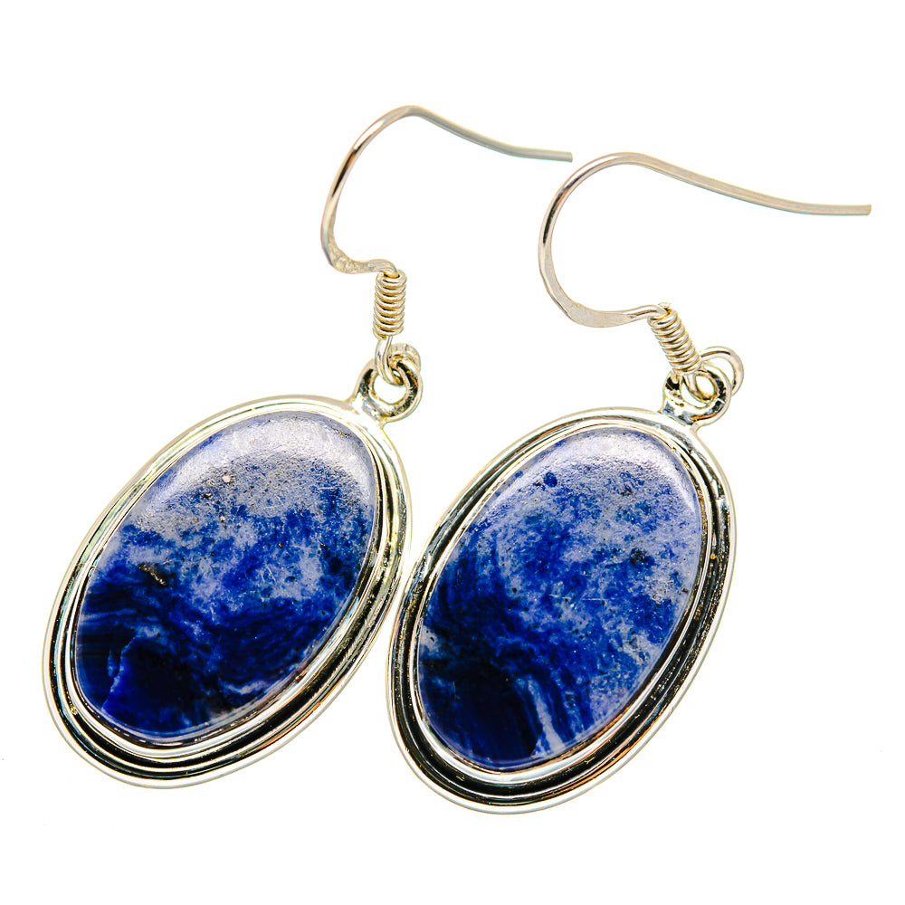 Sterling silver drop earrings with oval blue sodalite stones, gold-tone bezel