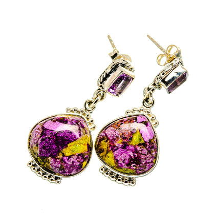 Amethyst drop earrings with square purple studs and round cabochon dangles, silver hooks