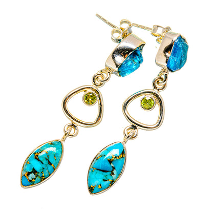 Linked drop earrings with blue turquoise stones, green round accents, silver and gold-tone