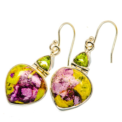 Sterling silver drop earrings with round multicolor heart stones and green peridot tops