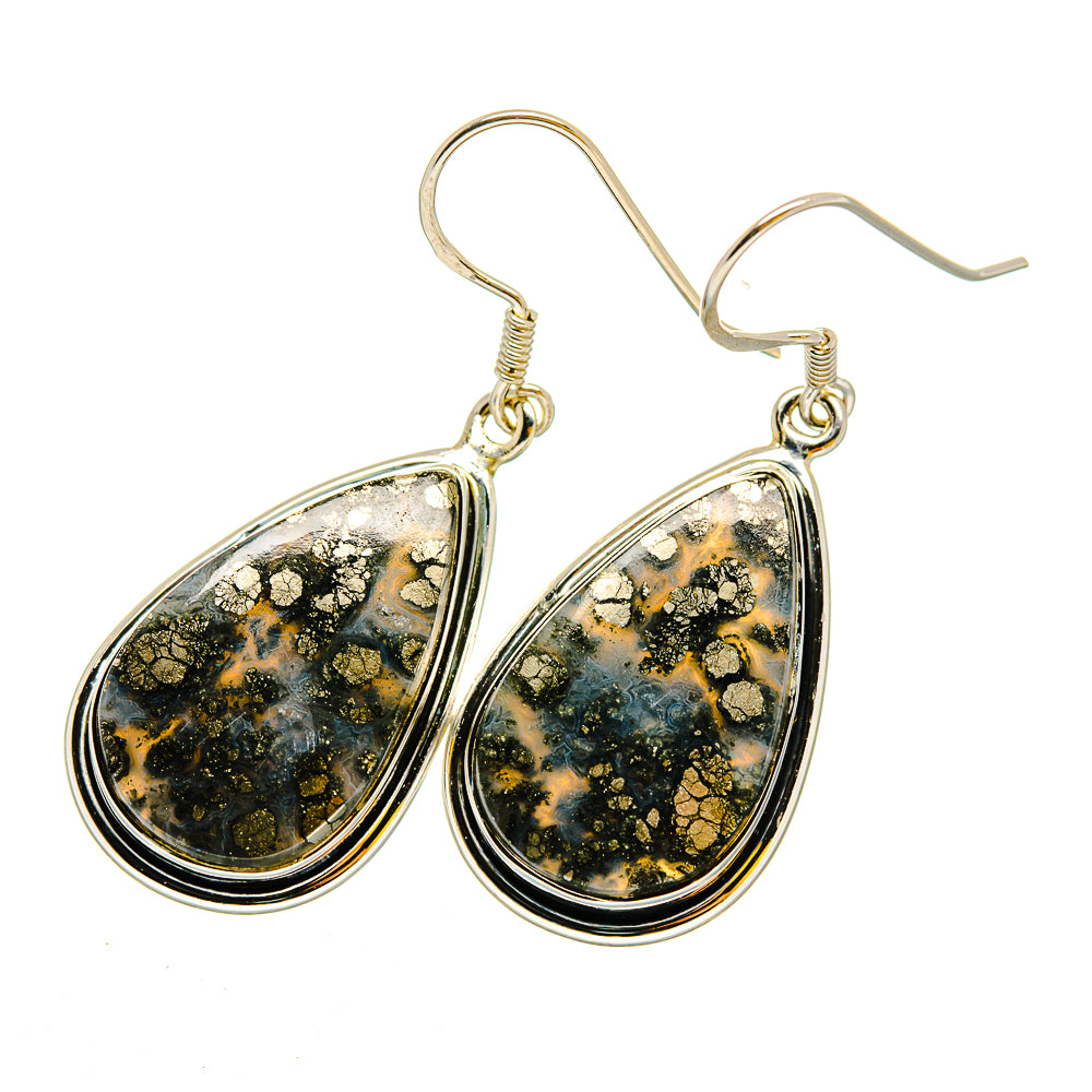 Teardrop pyrite agate earrings with sterling silver hooks, gold-and-black textured stone