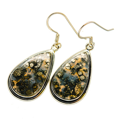 Teardrop pyrite agate earrings with sterling silver hooks, gold-and-black textured stone