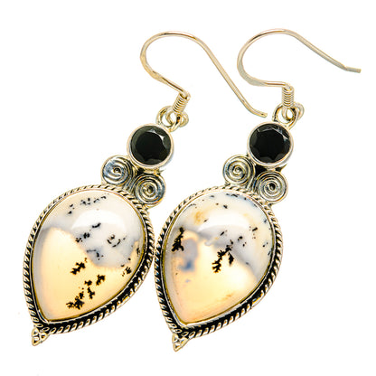 Teardrop dendritic opal drop earrings with black onyx bezel and gold-tone spiral accents