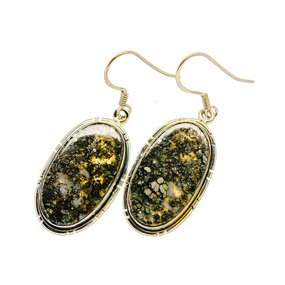 Oval pyrite agate earrings with gold flecks, silver-tone bezel and fishhook closures