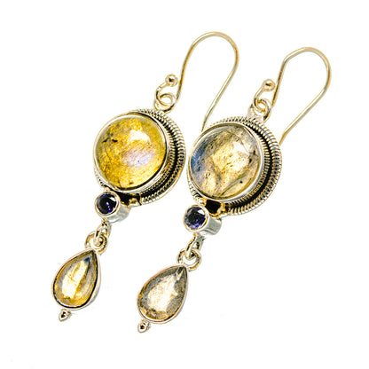 925 silver drop earrings with round labradorite, dark onyx, and two teardrop drops