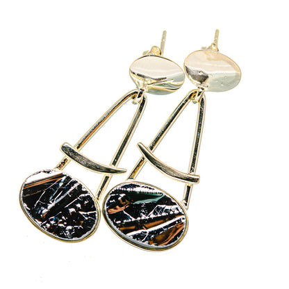 Silver-tone dangle earrings with three-piece bars and rough black round shungite discs