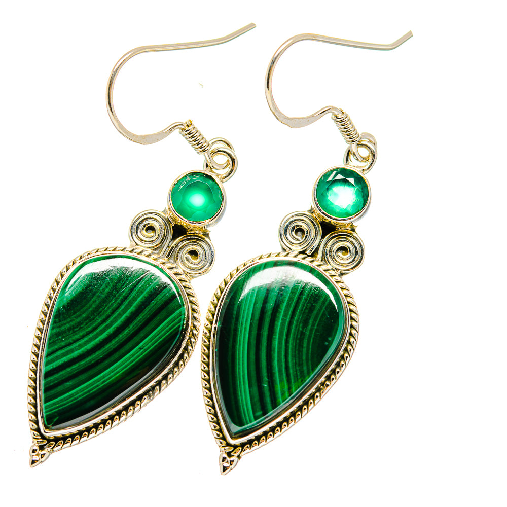 Green malachite-style teardrop earrings with cabochon stones, filigree and silver hooks.