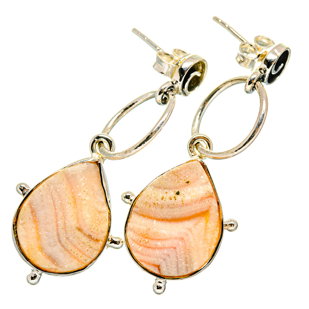 Sterling silver drop earrings with peach teardrop druzy stones, oval silver hoops