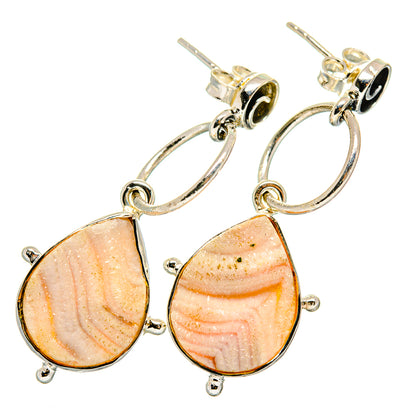 Sterling silver drop earrings with peach teardrop druzy stones, oval silver hoops