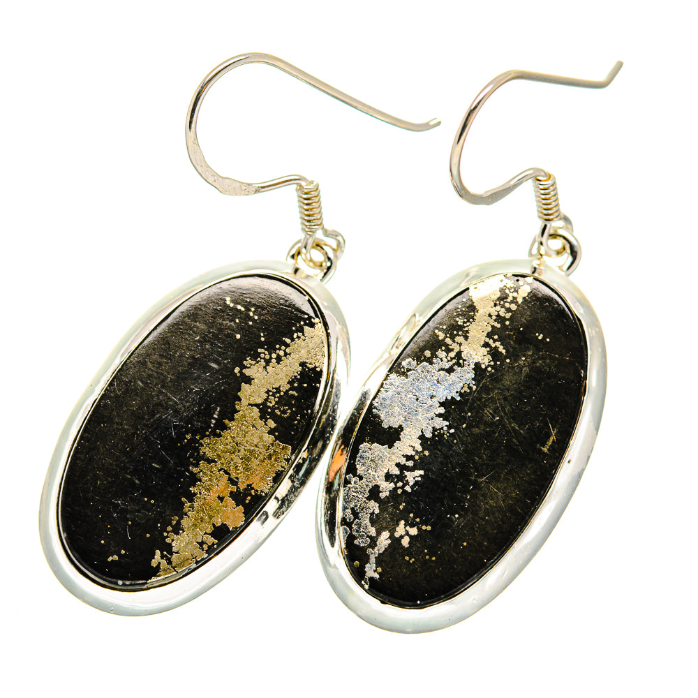 Sterling silver oval drop earrings with black pyrite agate and gold speckled center