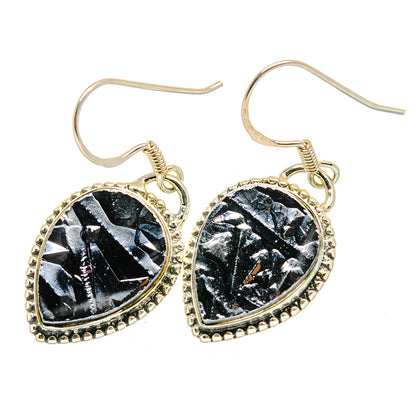 Pair of black rough stone teardrop earrings with silver-tone beaded edge and hooks