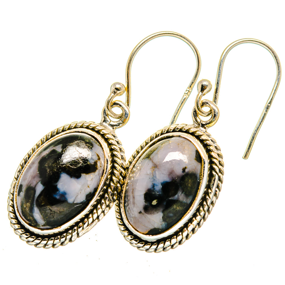 Oval gabbro stone drop earrings, 925 sterling silver hooks with braided bezel