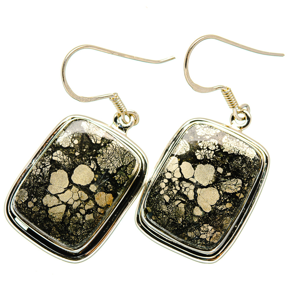 Silver drop earrings with black pyrite-agate square bezels and fishhook backs