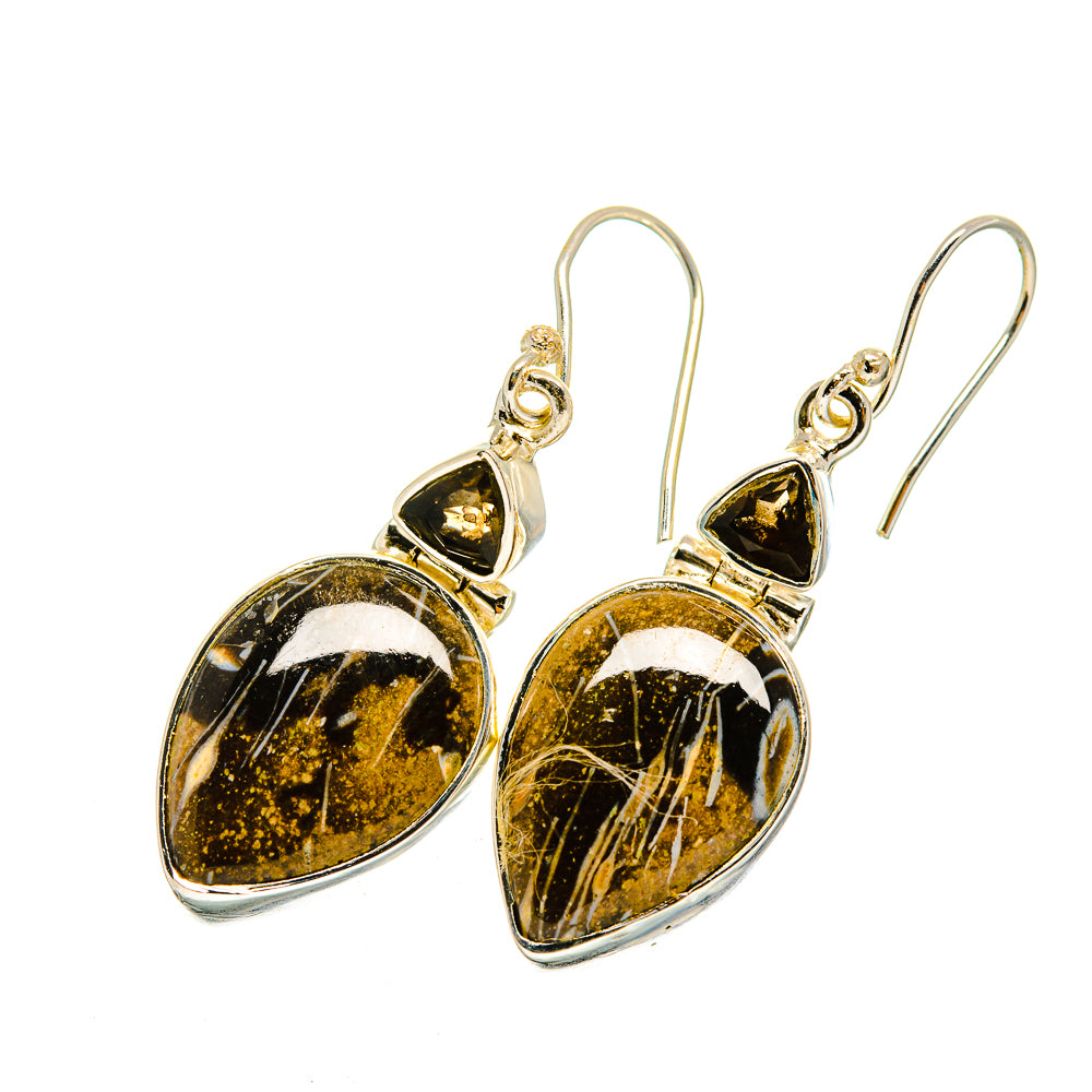 Agate drop earrings featuring dark gold-speckled oval stones with silver wire hooks