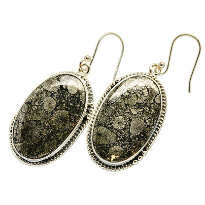 Oval pyrite agate earrings in 925 sterling silver with textured border and silver hooks