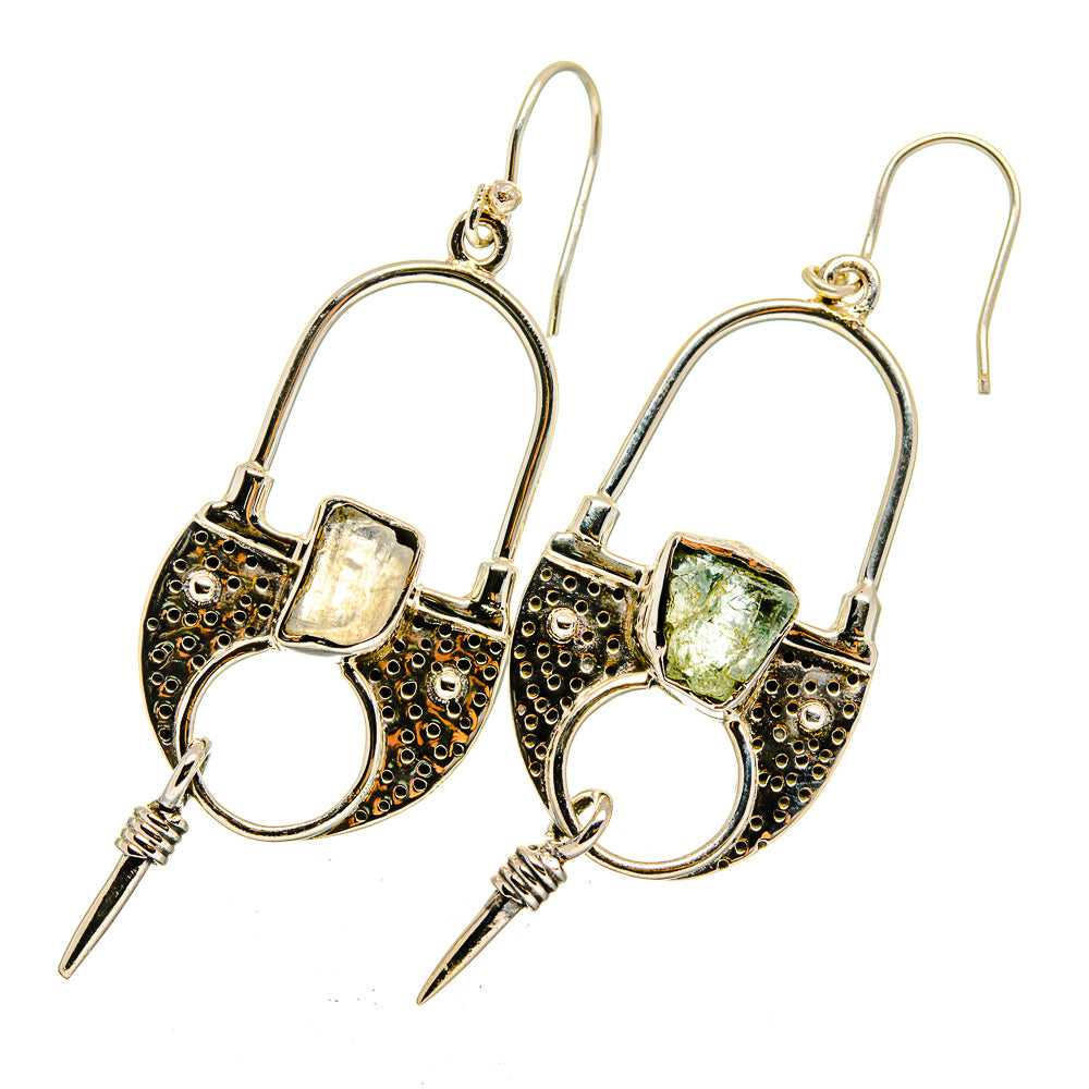 Gold-tone hoop drop earrings with rough aquamarine-colored stones and pointed dangles
