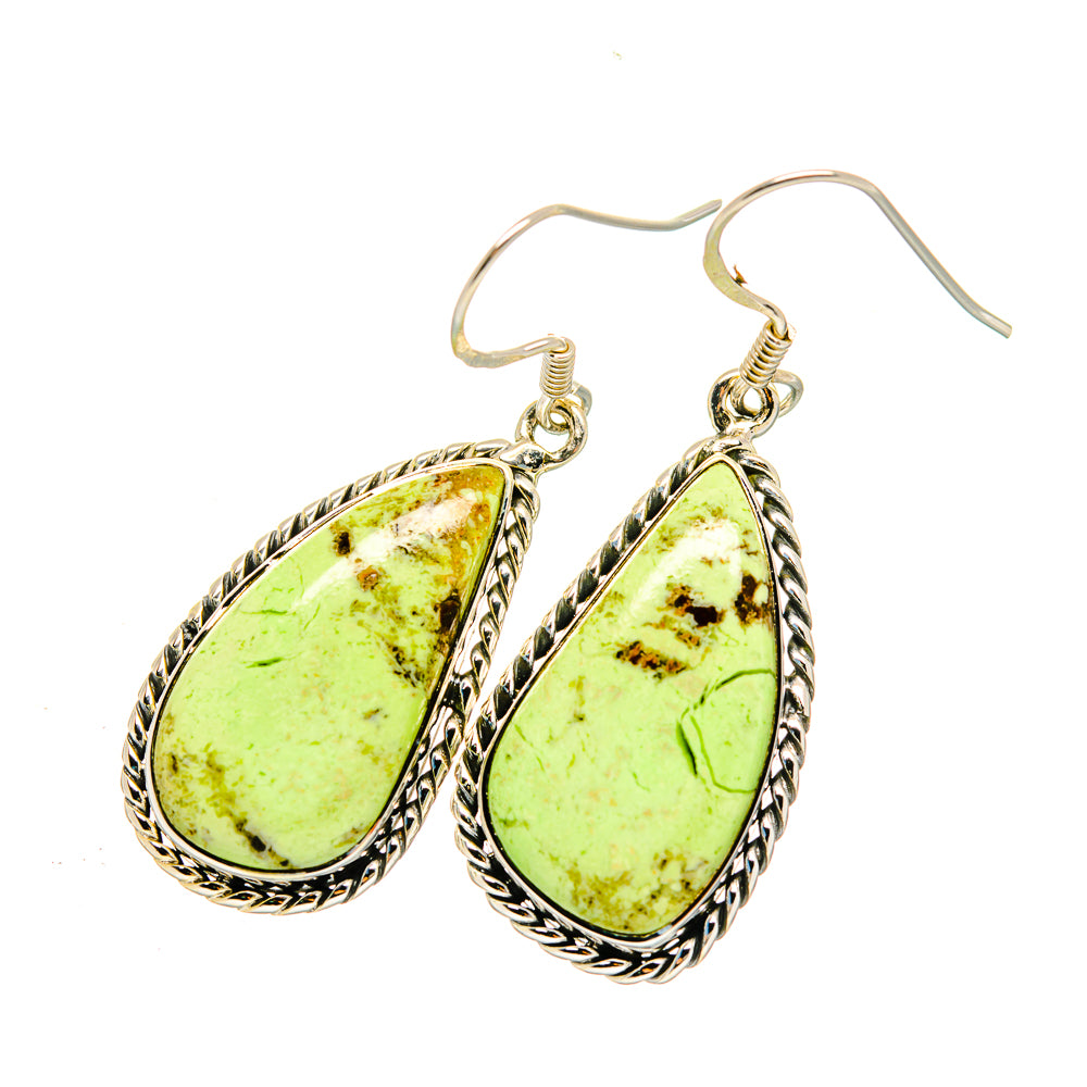 Teardrop chrysoprase earrings, lemon-green cabochon stones in silver dangle hooks