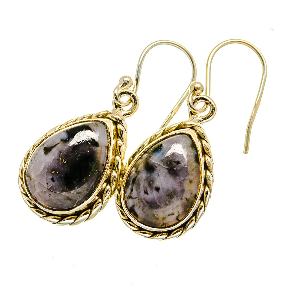 Oval gabbro stone drop earrings with gold-tone bezel, black speckled stone, silver hook