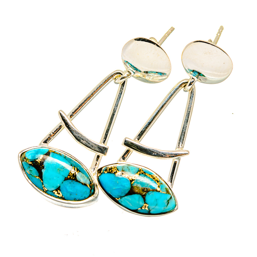 Turquoise drop earrings with oval stones and long silver-tone bars, round stud tops
