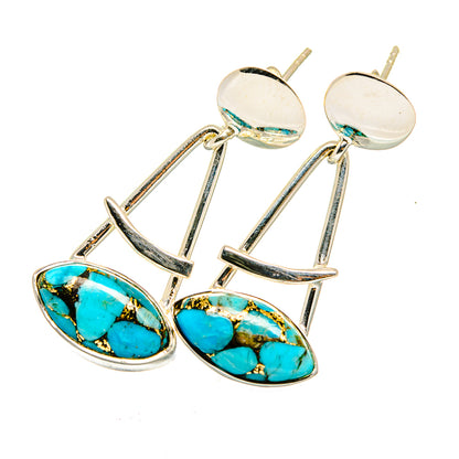 Turquoise drop earrings with oval stones and long silver-tone bars, round stud tops
