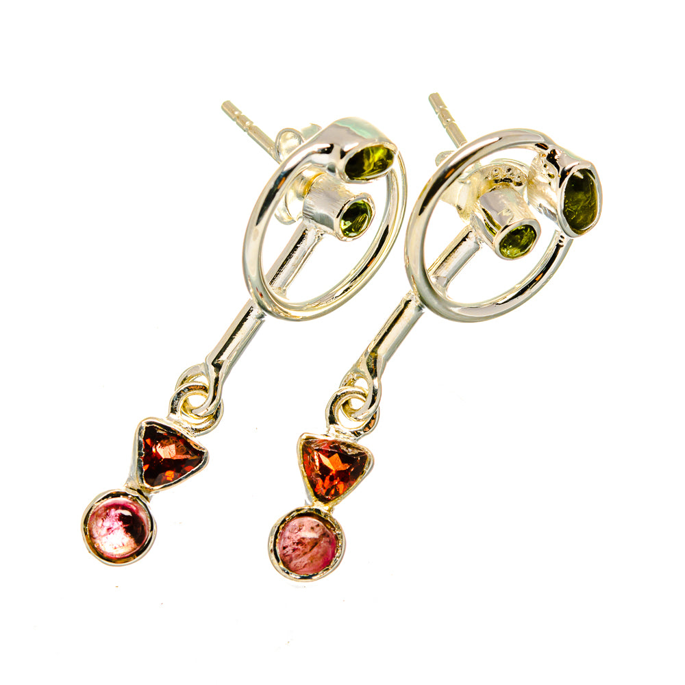 Sterling silver hoop earrings with green peridot studs and red garnet heart charms