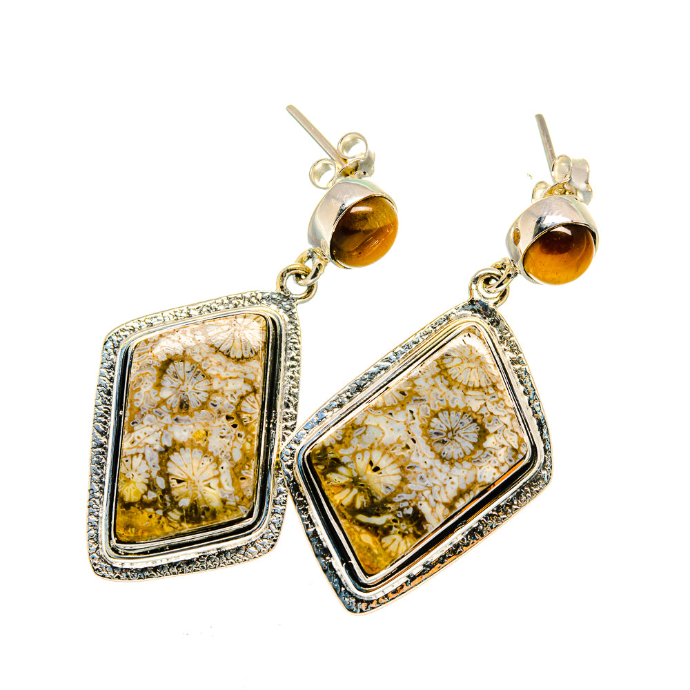 Sterling silver drop earrings with tiger eye cabochons and square fossil coral dangles