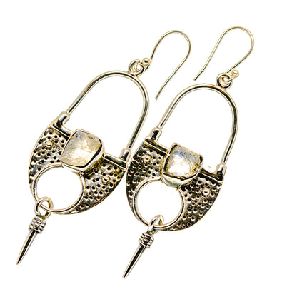 Moonstone drop earrings, gold-tone textured hoops with pale square stones and spikes