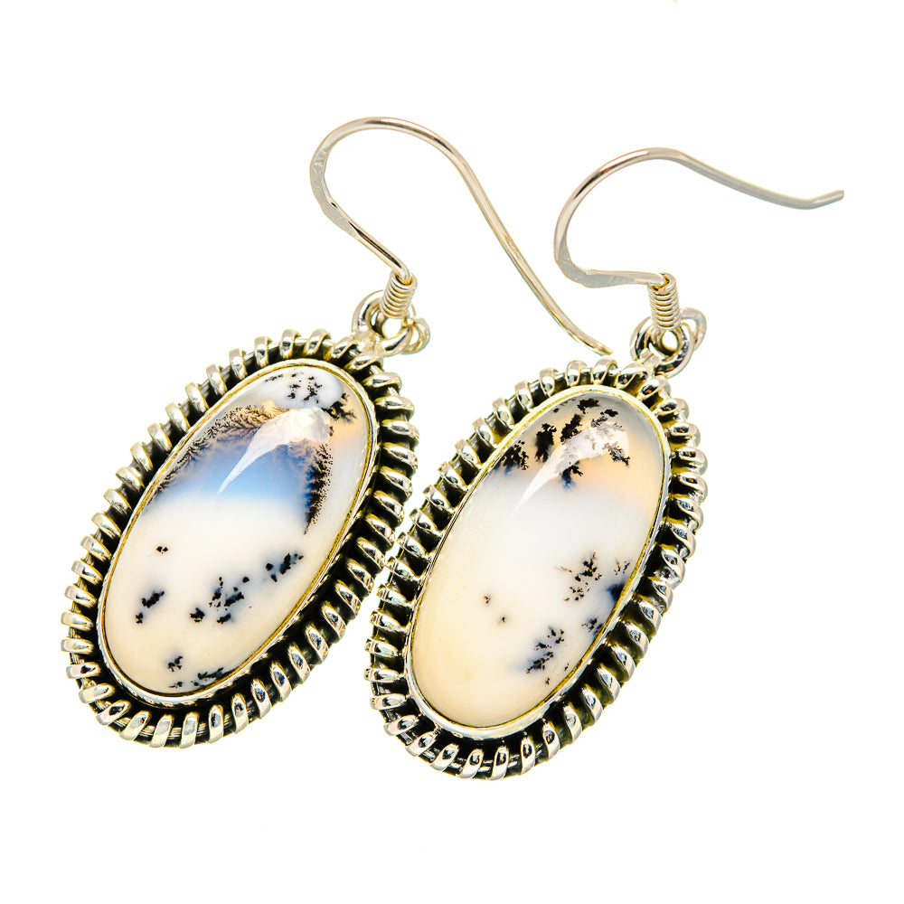 Dendritic opal earrings in 925 sterling silver, oval white stones with black dendrites
