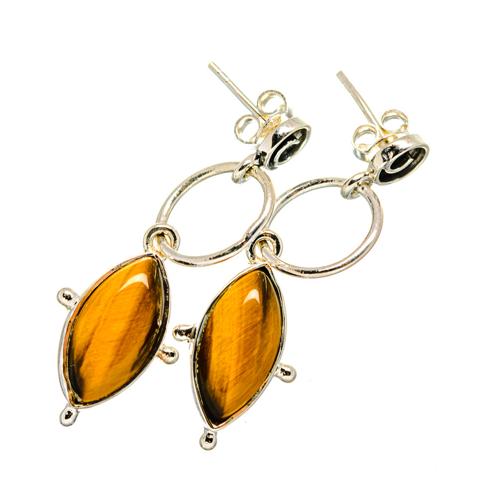 Tiger eye drop earrings, oval amber cabochons in 925 sterling silver with hoops