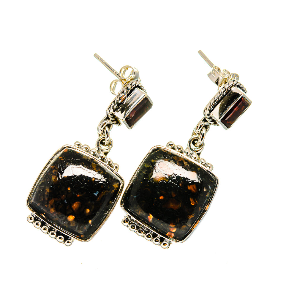 Square black dangle earrings with red stone tops and dangling chain