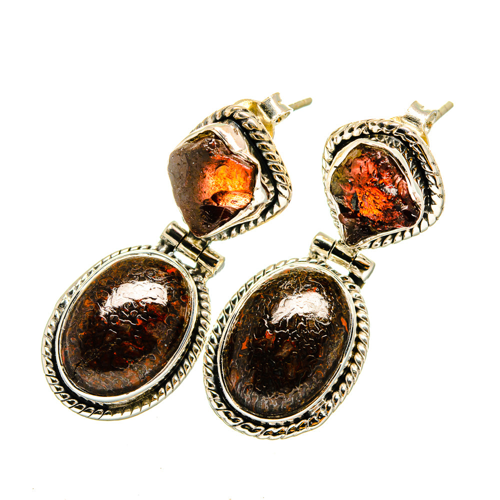 925 sterling silver garnet and dinosaur bone earrings, oval and square stones